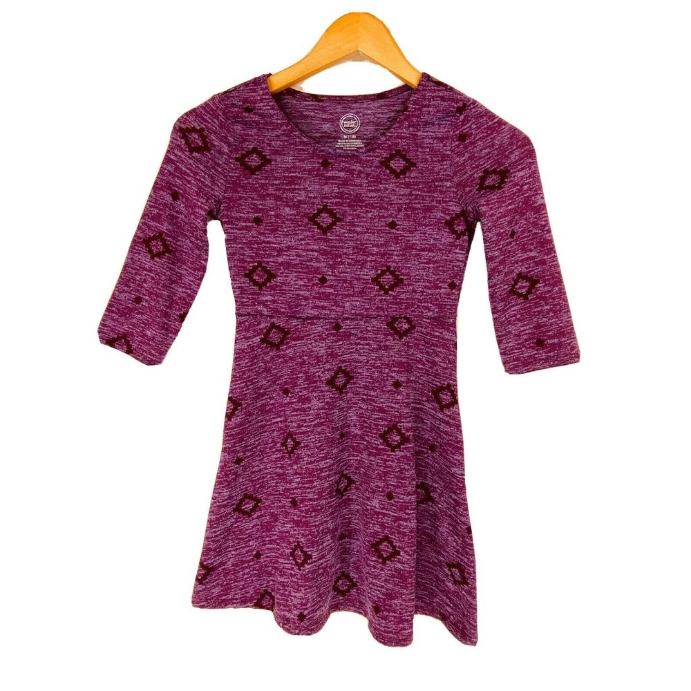 Wonder Nation M 7-8 Dress Pullover Knit Purple Geometric Symbol 3/4 Sleeve Play